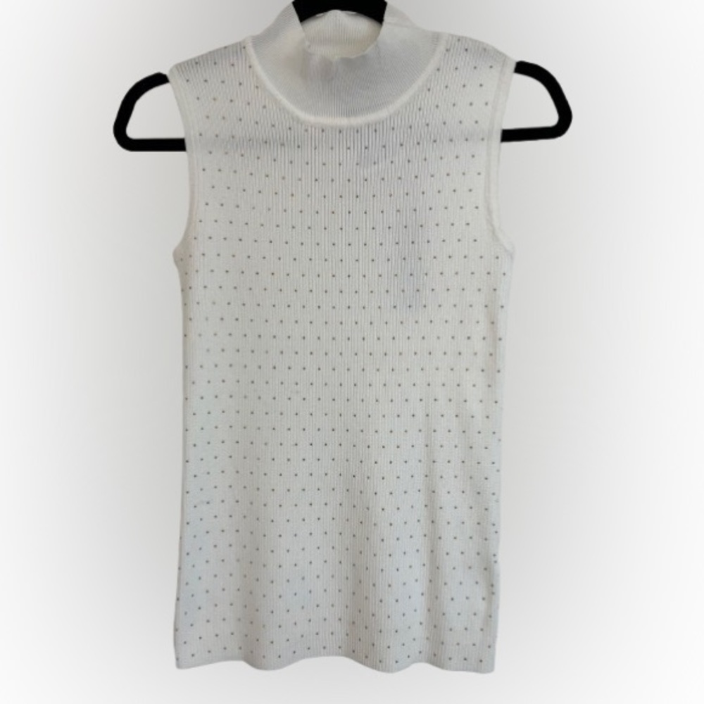 Tahari Ivory Gold Studded Rib Knit Sleeveless Top Size M